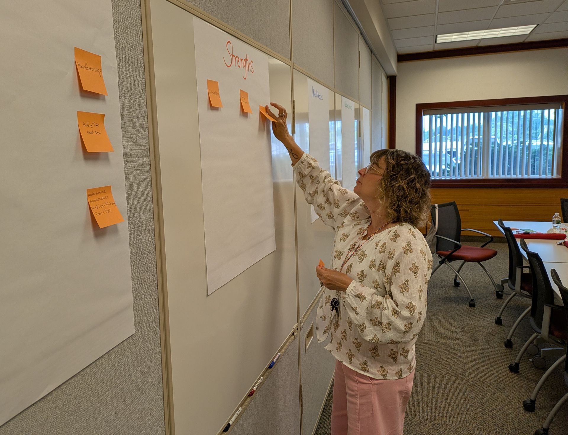 Person placing orange sticky notes on a wall chart in an office meeting room