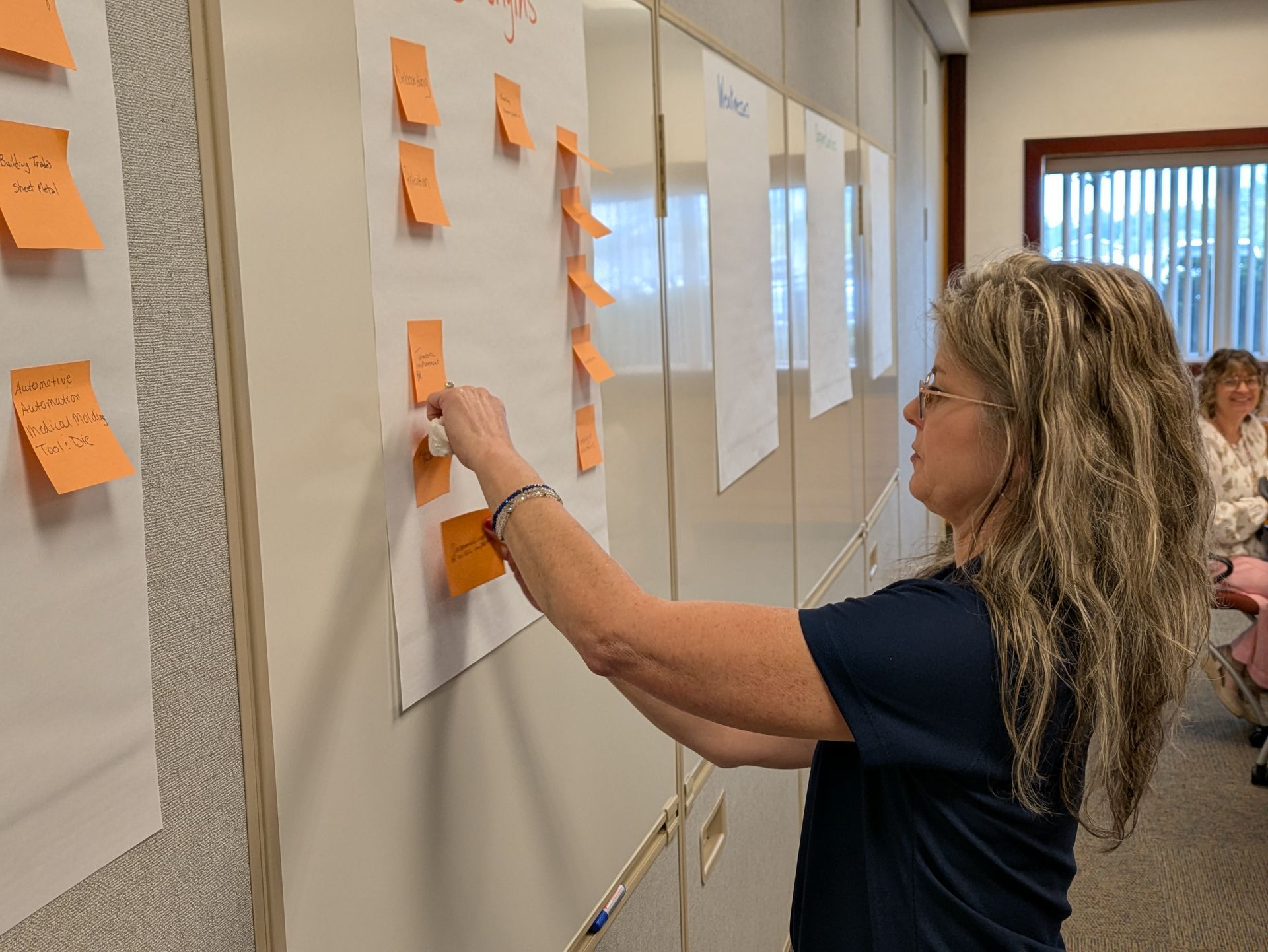 Person placing orange sticky notes on a wall of charts in a meeting room