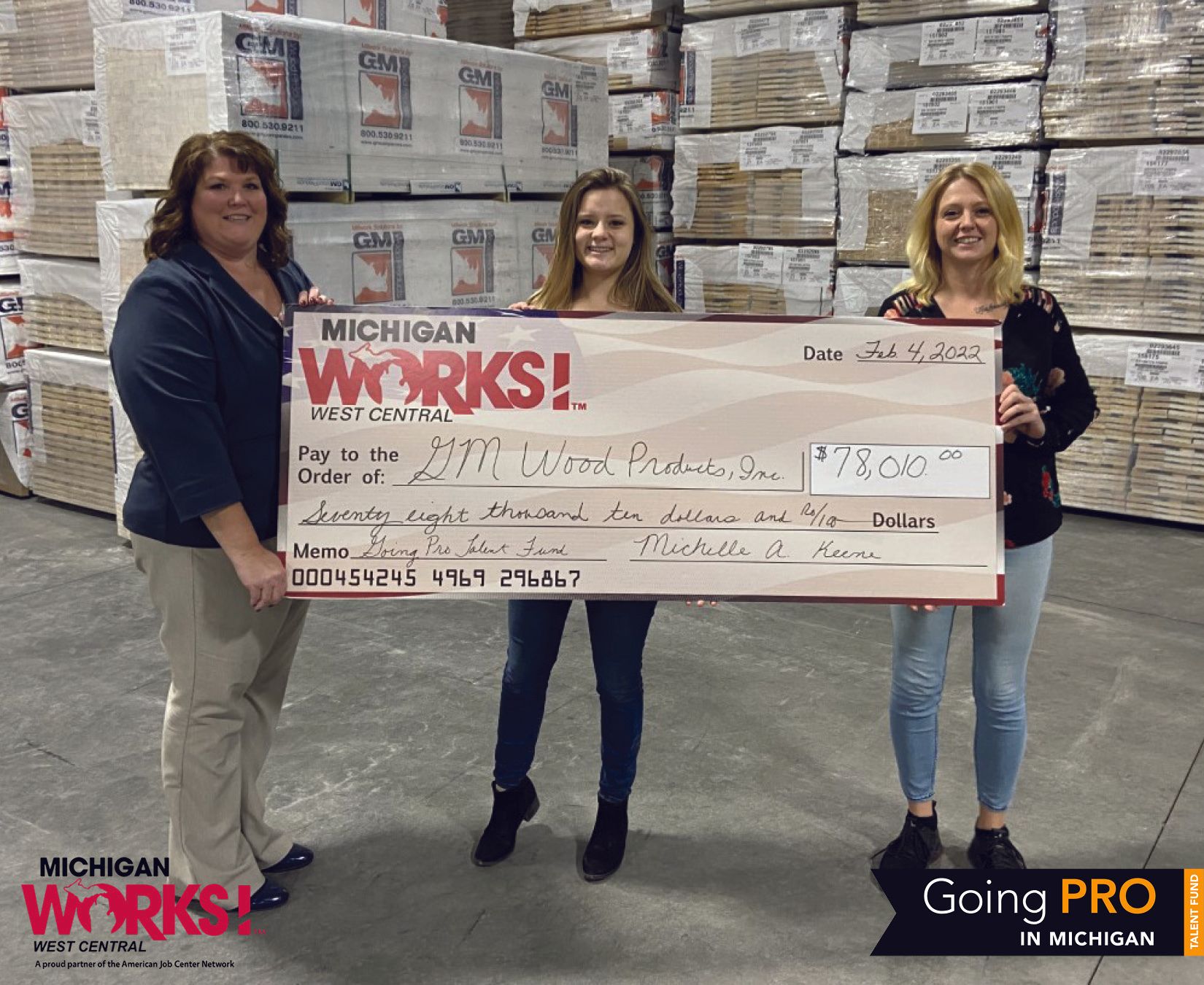 From left to right: Michigan Works! West Central Executive Director Shelly Keene; and Hannah Schmidt and Jennifer Ebenstein from GM Wood Products.
