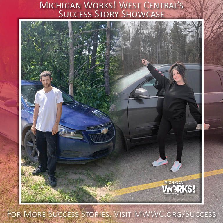 Two people standing by a blue car and black SUV on a wooded roadside, with “Michigan Works!” success story text.