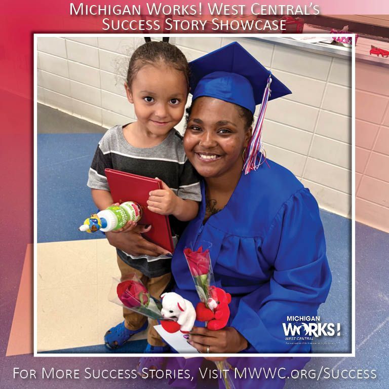 Graduate in blue cap and gown smiles with a child holding a book, in a school hallway with success-story text.
