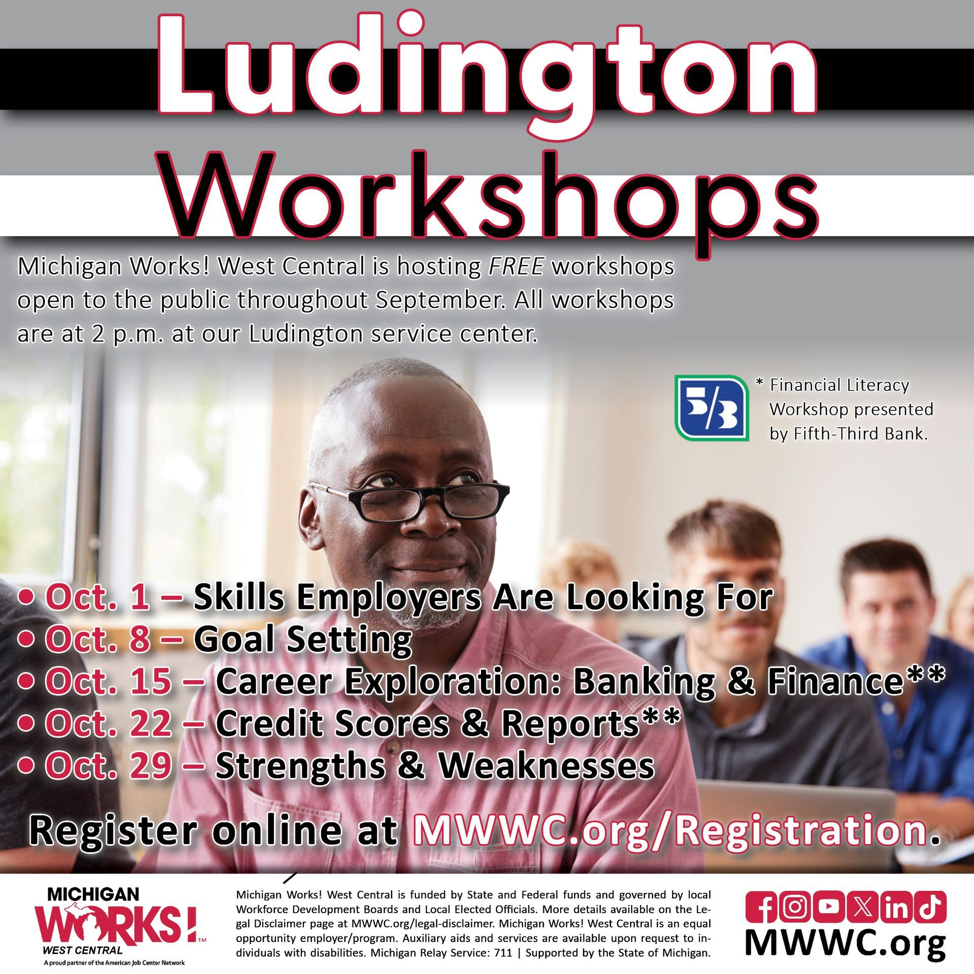 Ludington Workshops poster for Michigan Works! West Central, with workshop dates, a presenter, and registration info