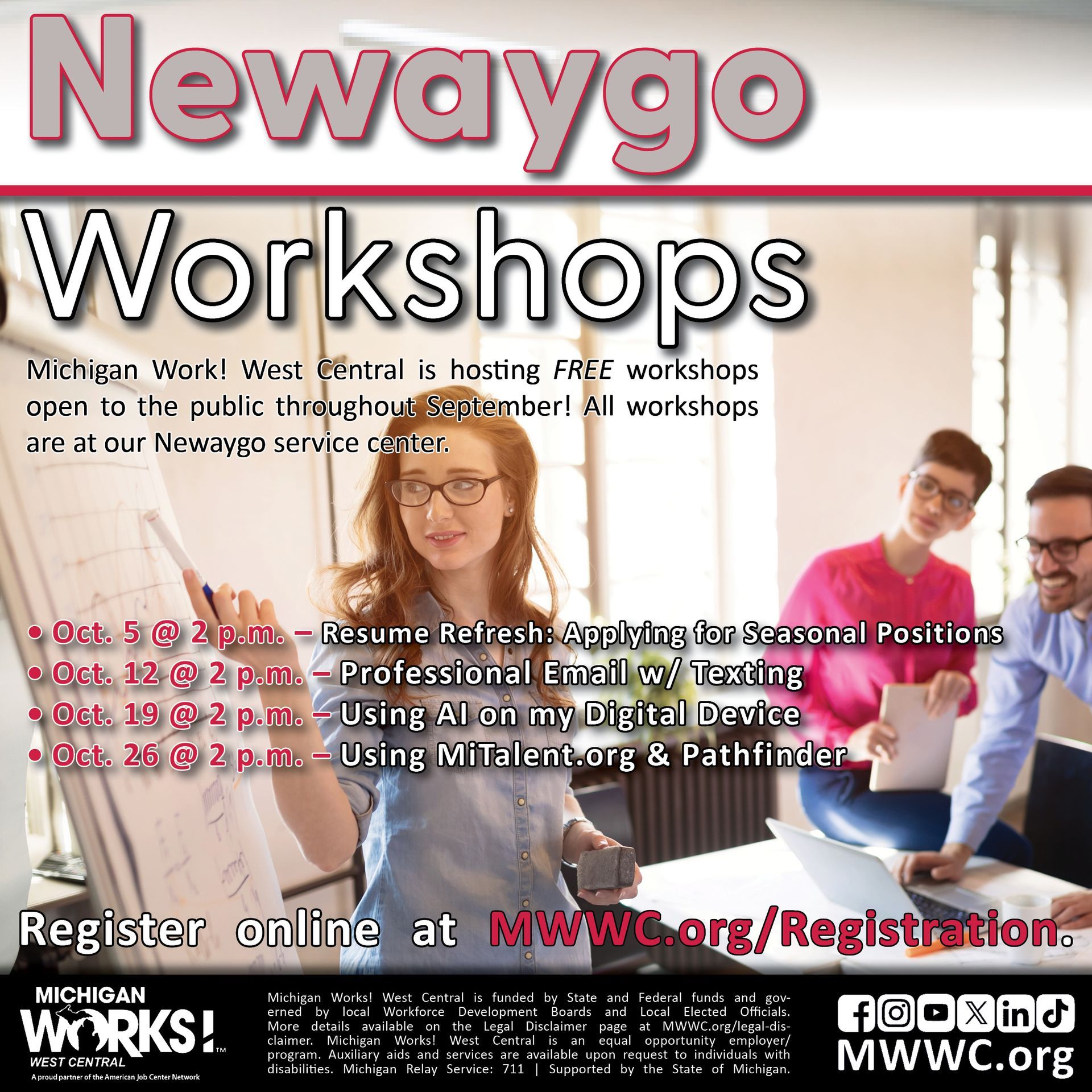 Newaygo Workshops flyer with people in a meeting and registration details for free workshops at Michigan Works! West Central.