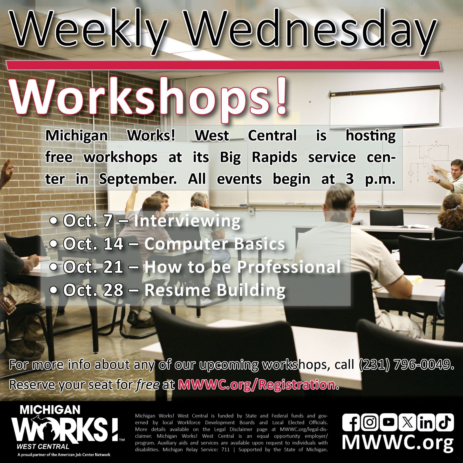 Weekly Wednesday workshops flyer with smiling woman holding a tablet and September training dates at  Michigan Works! West Central.