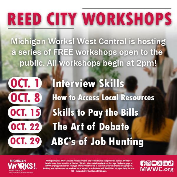Reed City weekly workshops poster with dates, topics, and a woman working at a laptop.