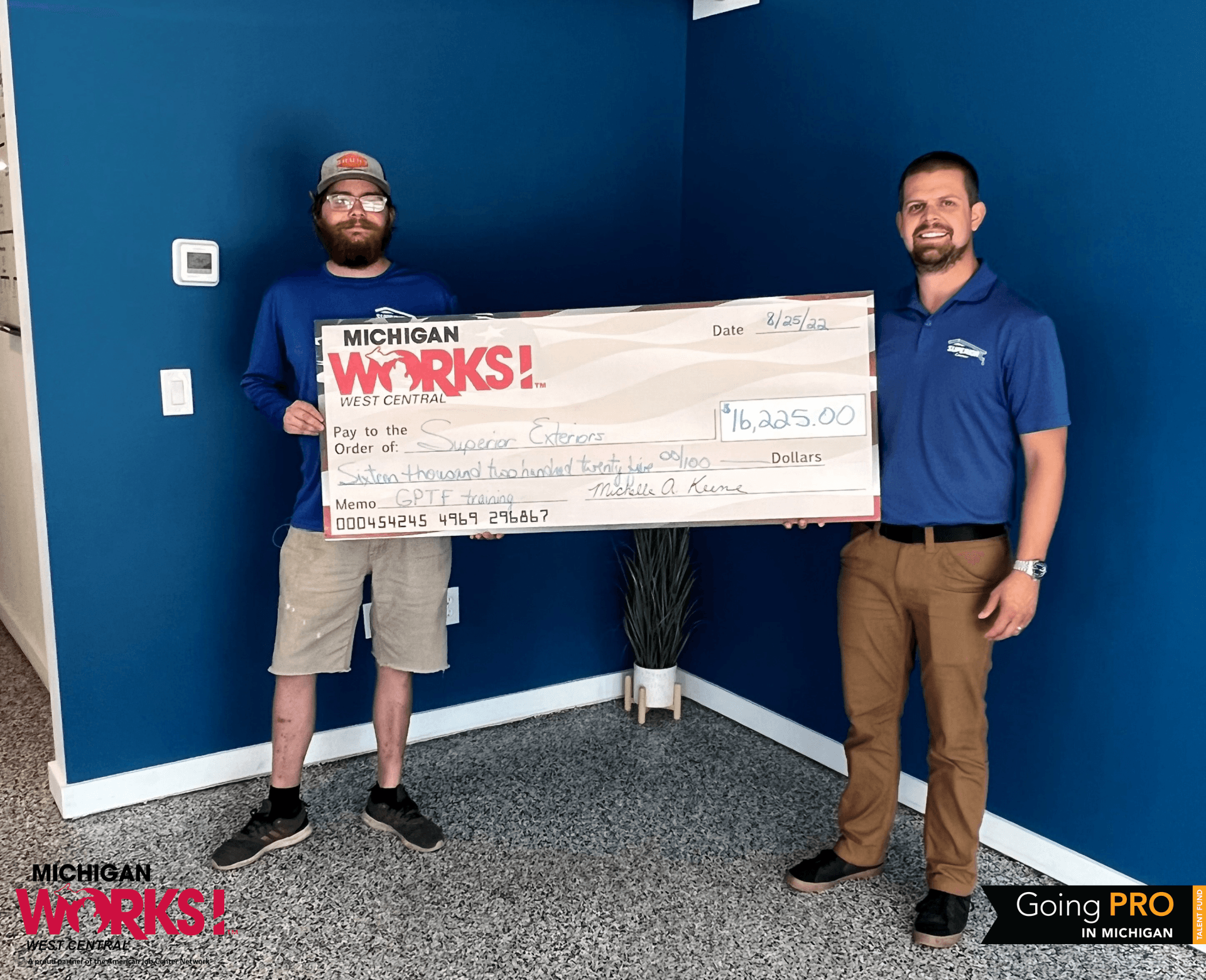 Team members from Superior Exteriors in Mason County were recently presented a reimbursement check for their Going PRO Talent Fund award.