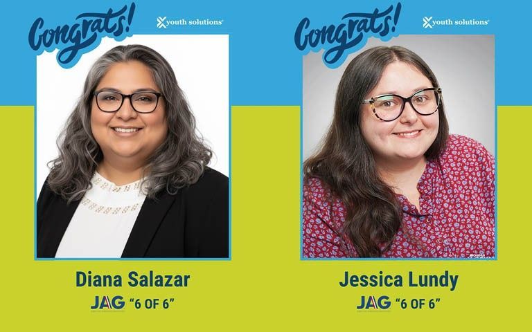 Congrats graphic featuring Diana Salazar and Jessica Lundy on blue and lime-green backgrounds