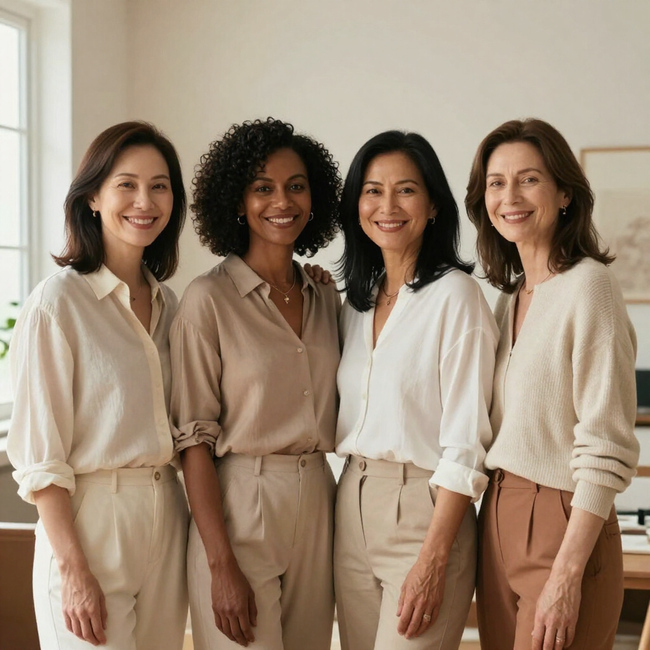 Smiling women from different backgrounds together, international patients welcome at Hommage Clinic, Gangnam