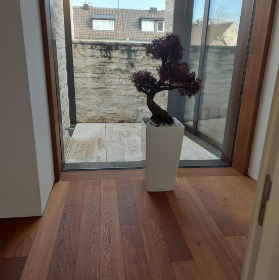 Ein Bonsai-Baum in einem weißen Topf auf einem Holzboden