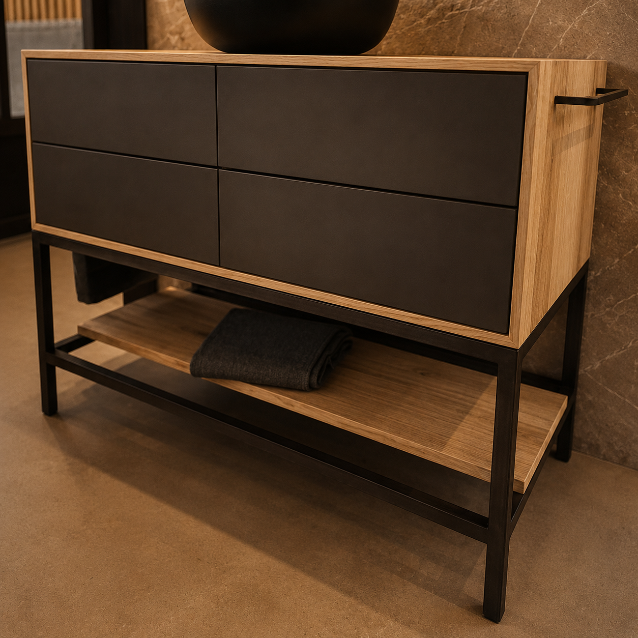 Waschtisch aus Holz mit dunklen Schubladen