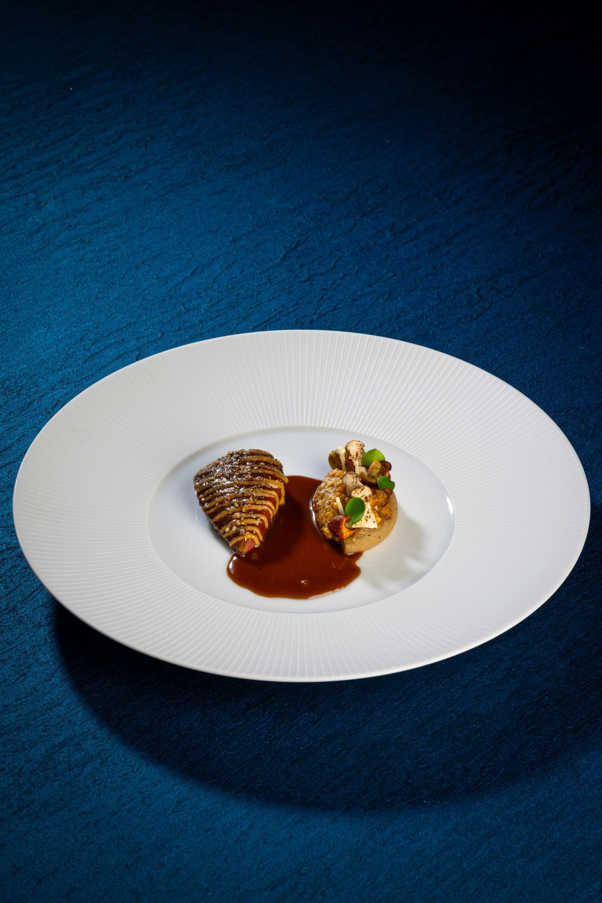 Plated gourmet dish with sauce and garnish on a blue background