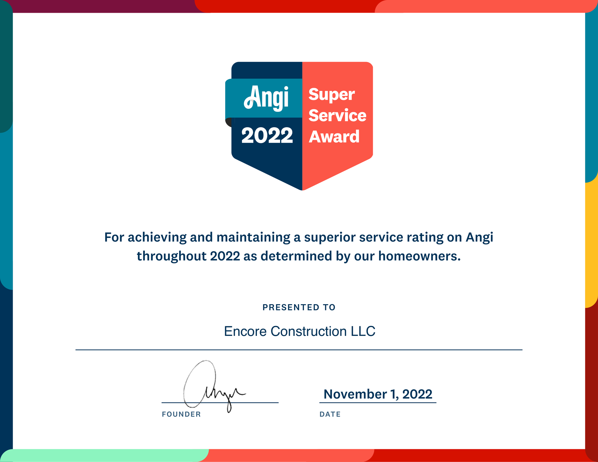 Angi Super Service Award 2022 certificate for Encore Construction LLC. Red, blue, and white colors.