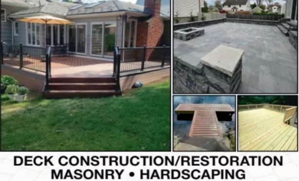 Composite image showcasing deck construction/restoration, masonry, and hardscaping projects.