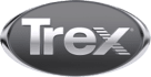 Trex logo in silver text on a gray oval with a silver border.