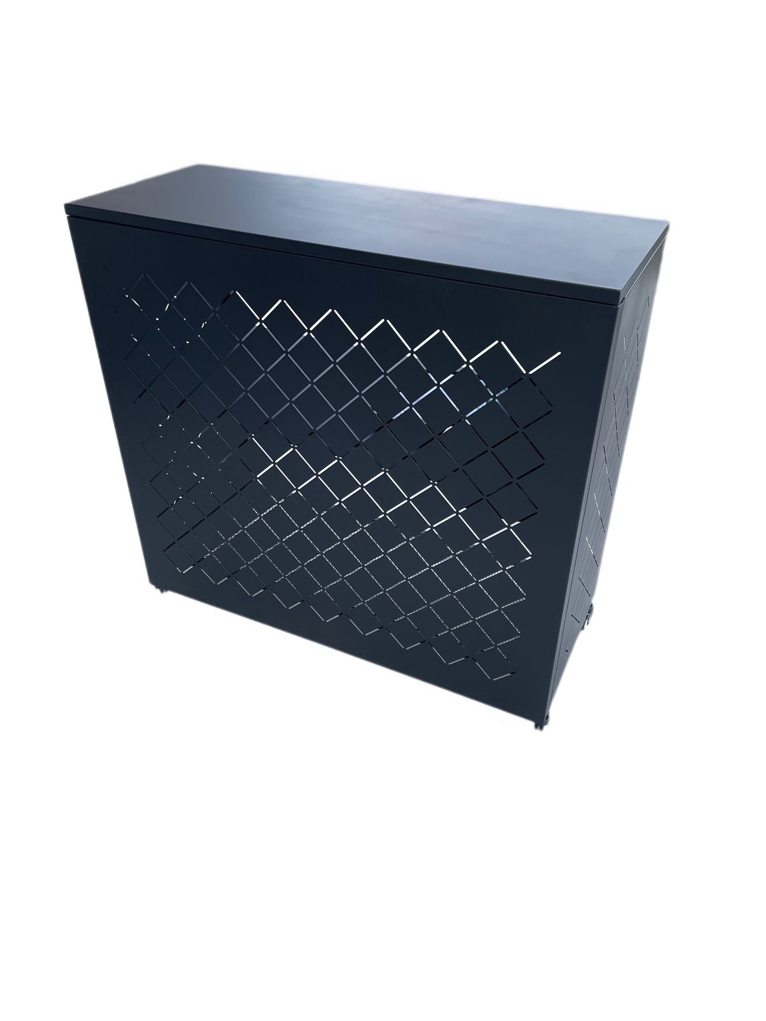 A black, rectangular radiator cover with a decorative lattice-patterned front panel on a white background.
