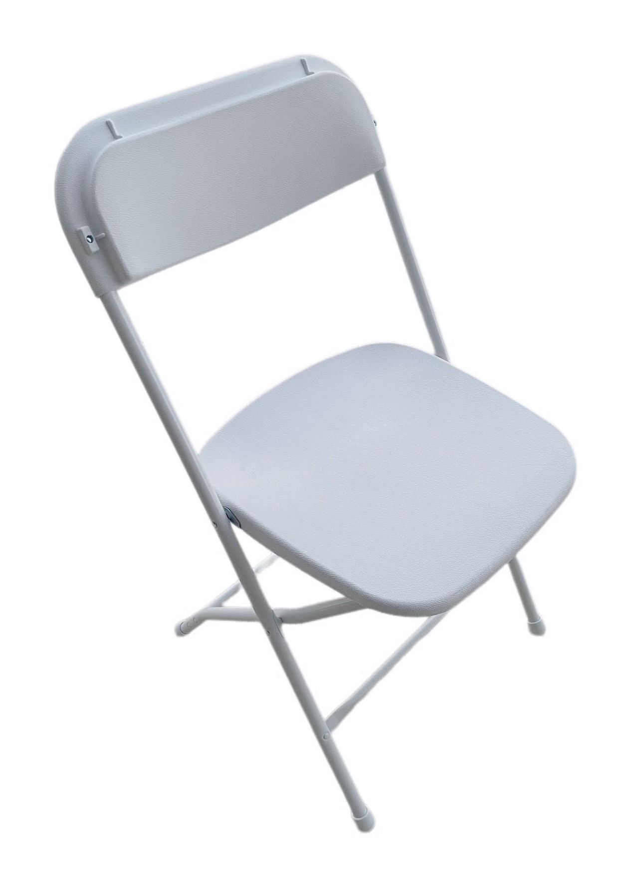 A white folding chair with a cushioned seat and backrest, shown on a white background.