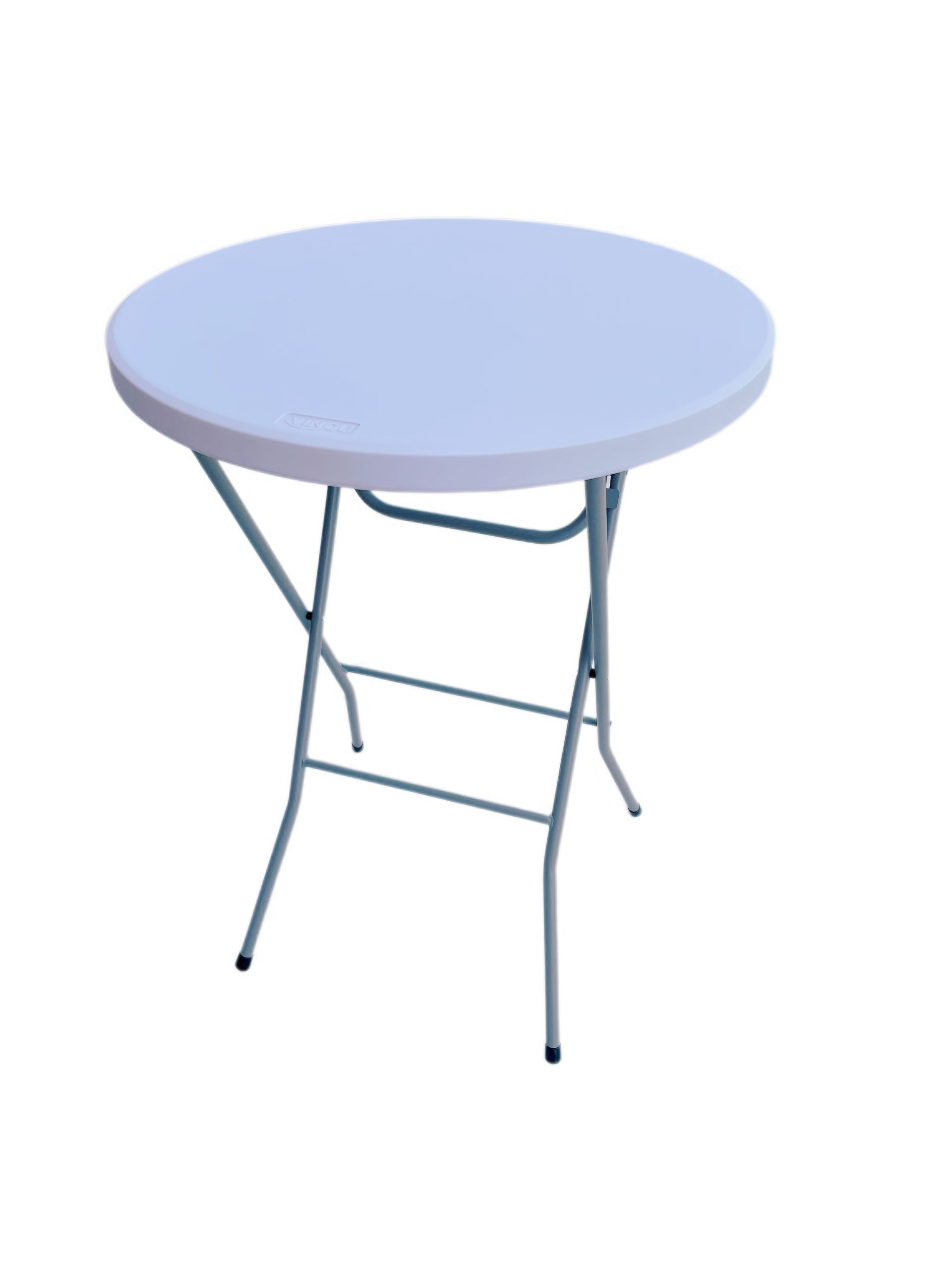 A white, circular folding table with gray metal legs standing against a white background.