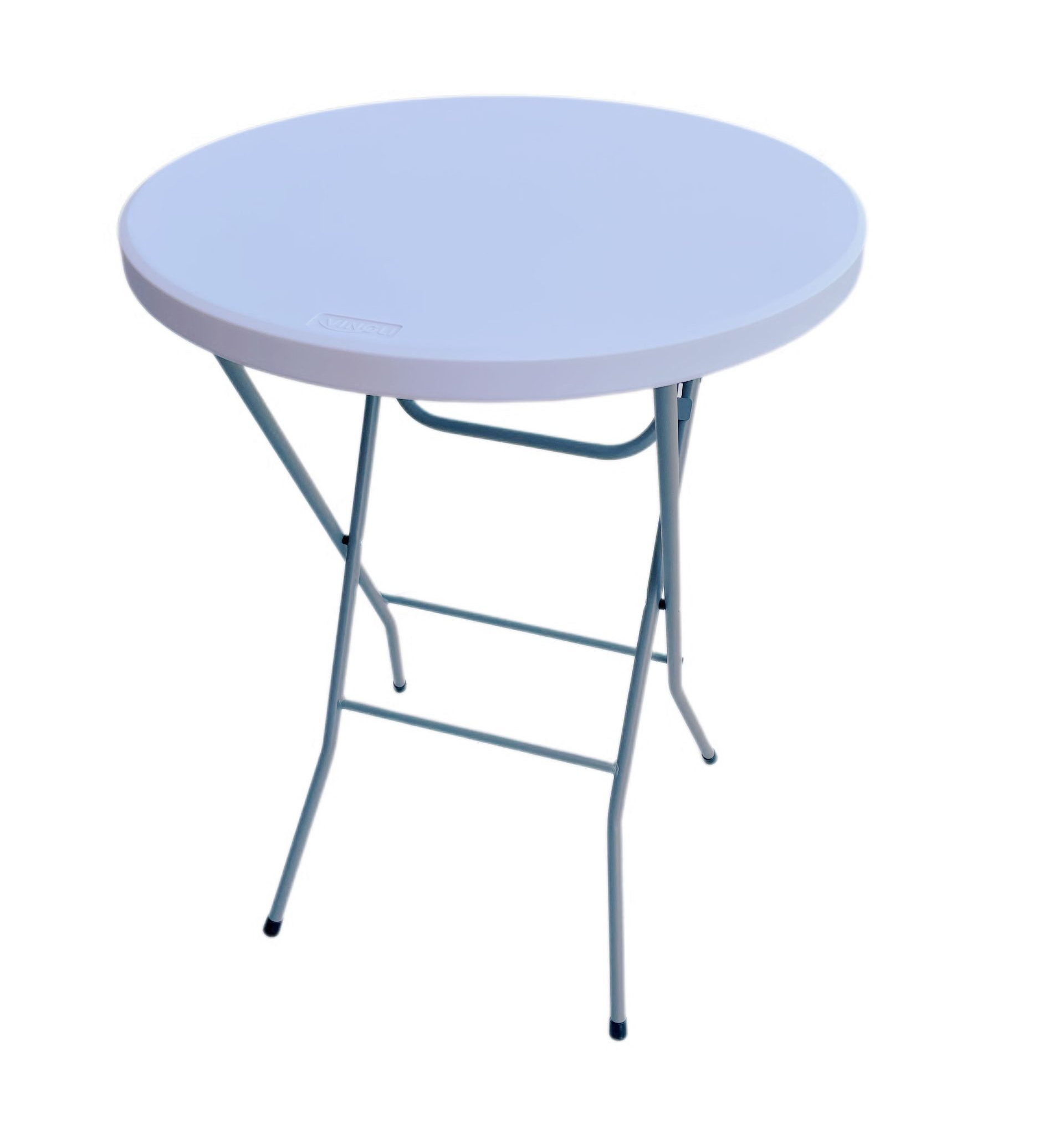 A white, circular folding table with gray metal legs standing against a white background.