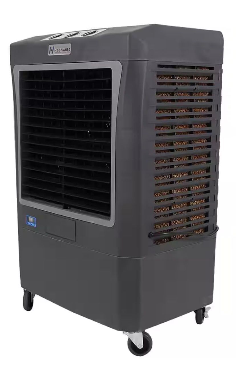 A dark gray portable evaporative air cooler on wheels with a front louvered vent and side cooling pads.