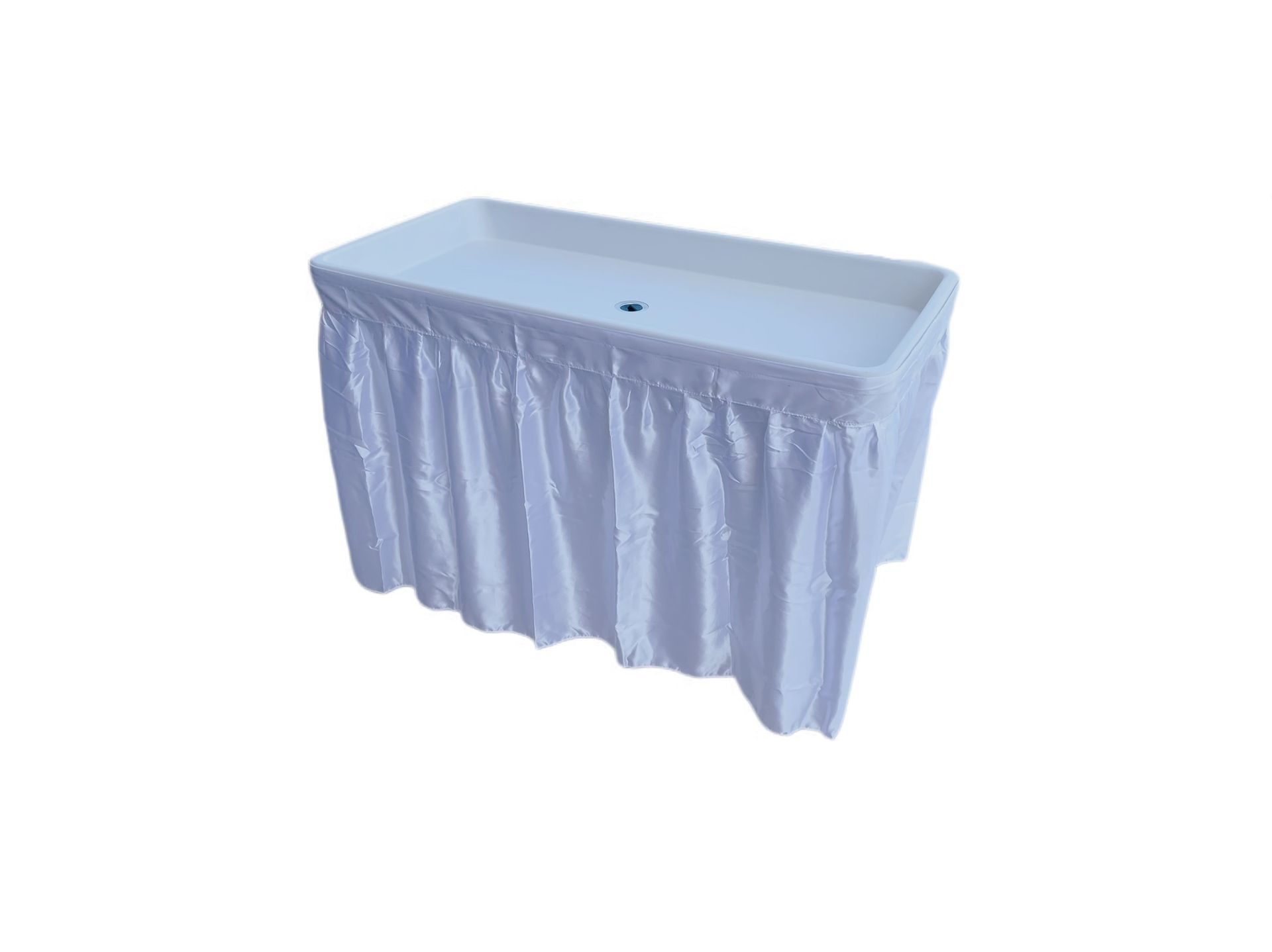 A white, rectangular catering table with a draped white pleated skirt on a plain white background.