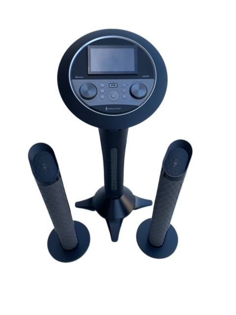A modern karaoke system with a circular display head mounted on a pedestal stand, flanked by two matching speakers.
