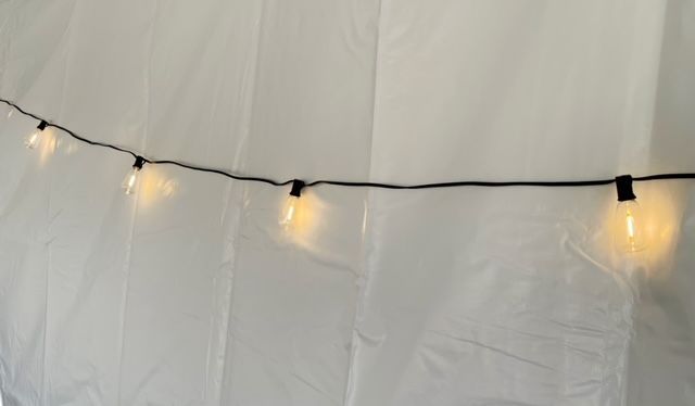 A string of warm, Edison-style string lights hanging horizontally against a plain white fabric backdrop.