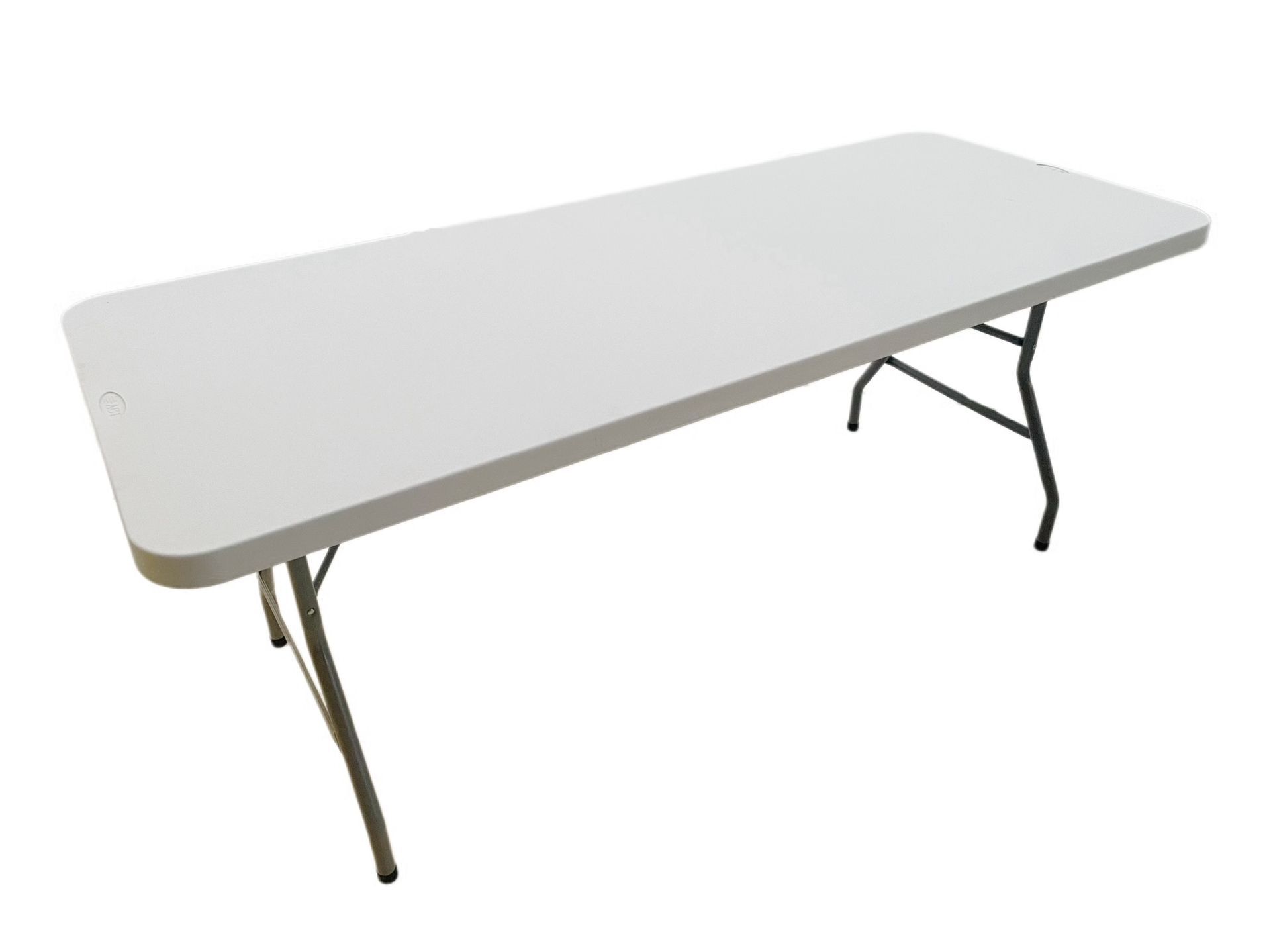 A white rectangular folding table with metal legs, isolated against a white background.