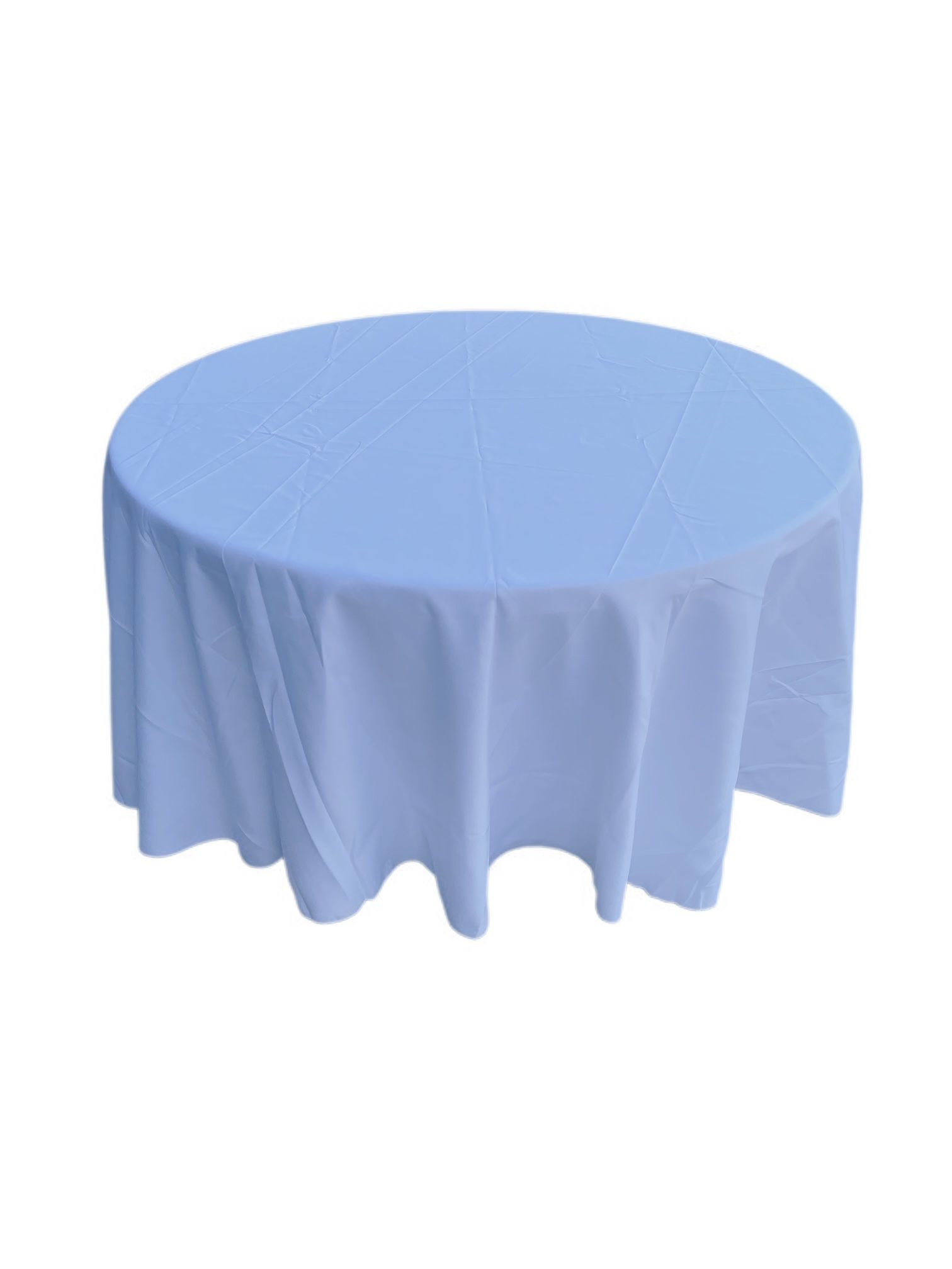 A round table covered with a plain white tablecloth against a white background.