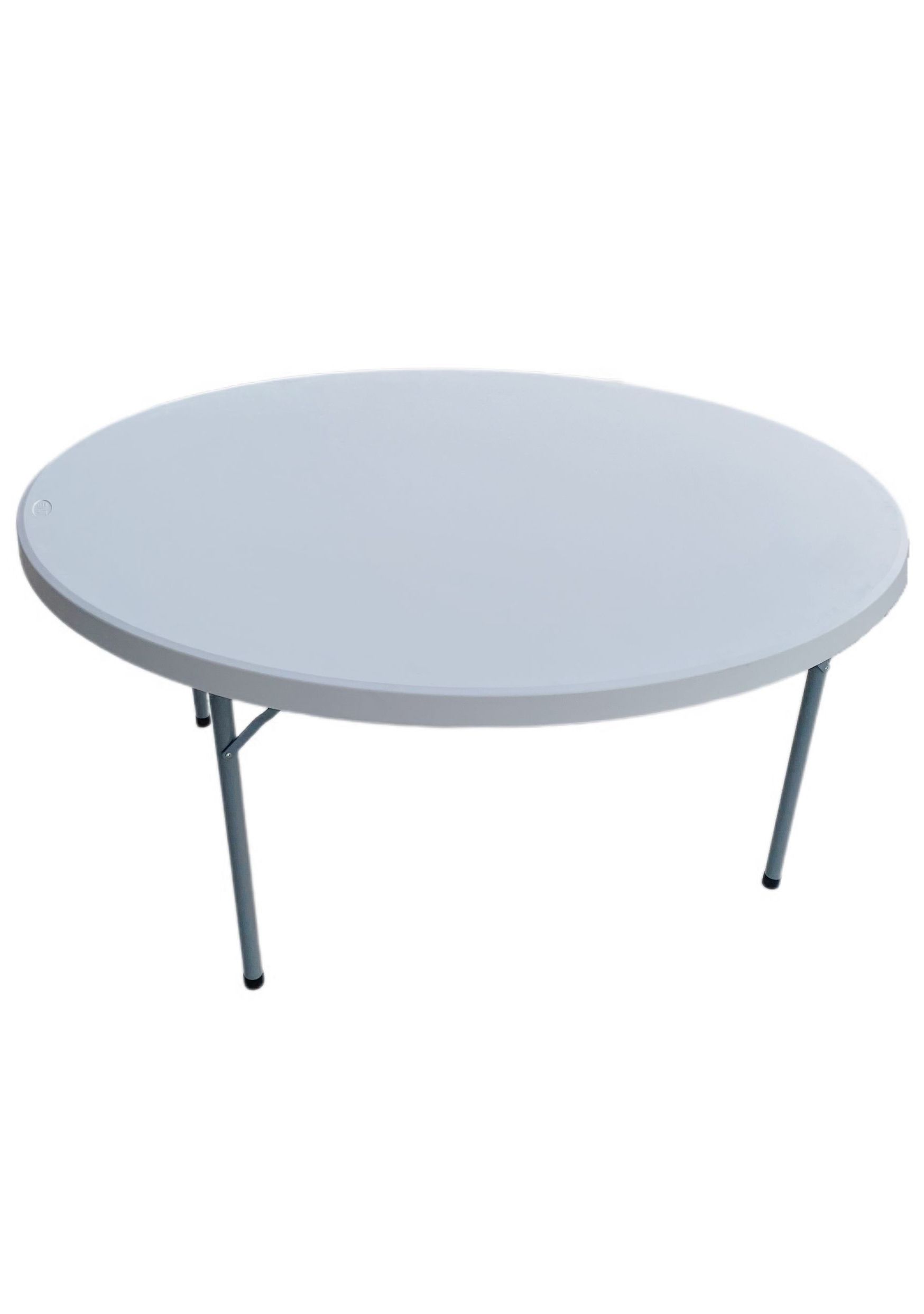 A round, light-grey folding banquet table with metal legs shown against a white background.