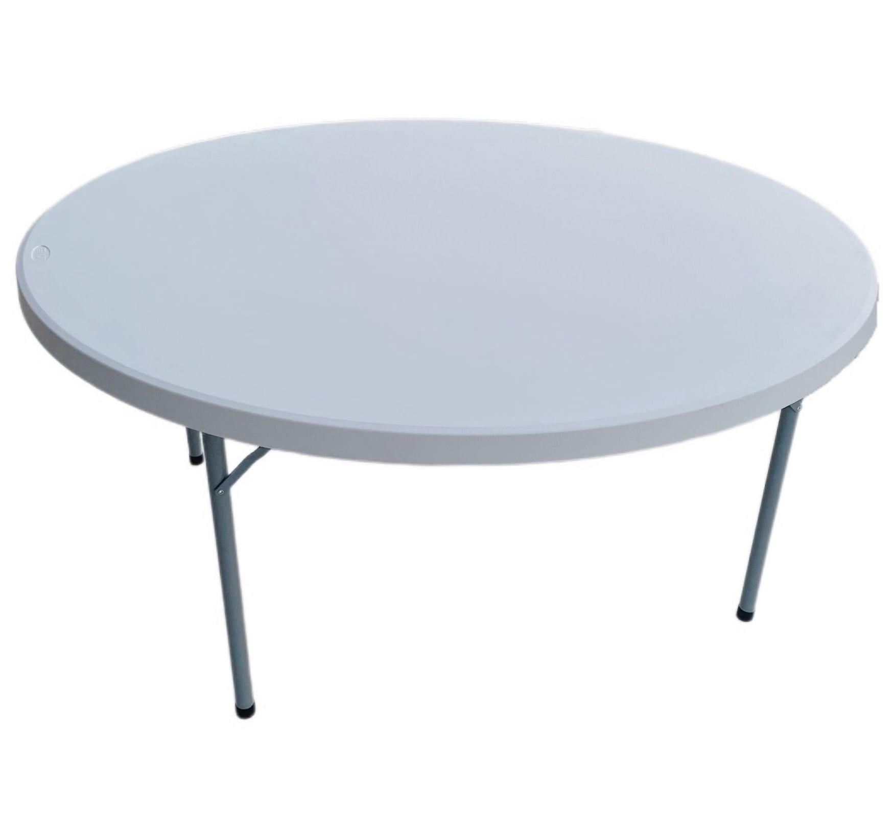 A round, light-grey folding banquet table with metal legs shown against a white background.