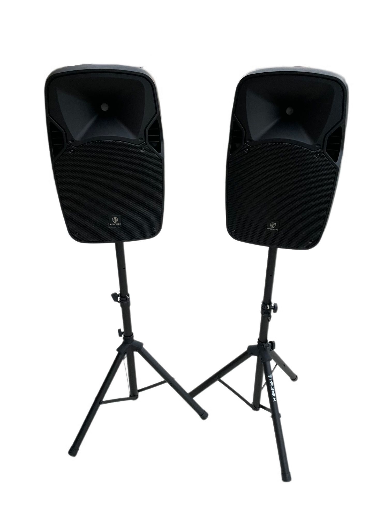 Two black portable PA speakers mounted on tripod stands against a white background.