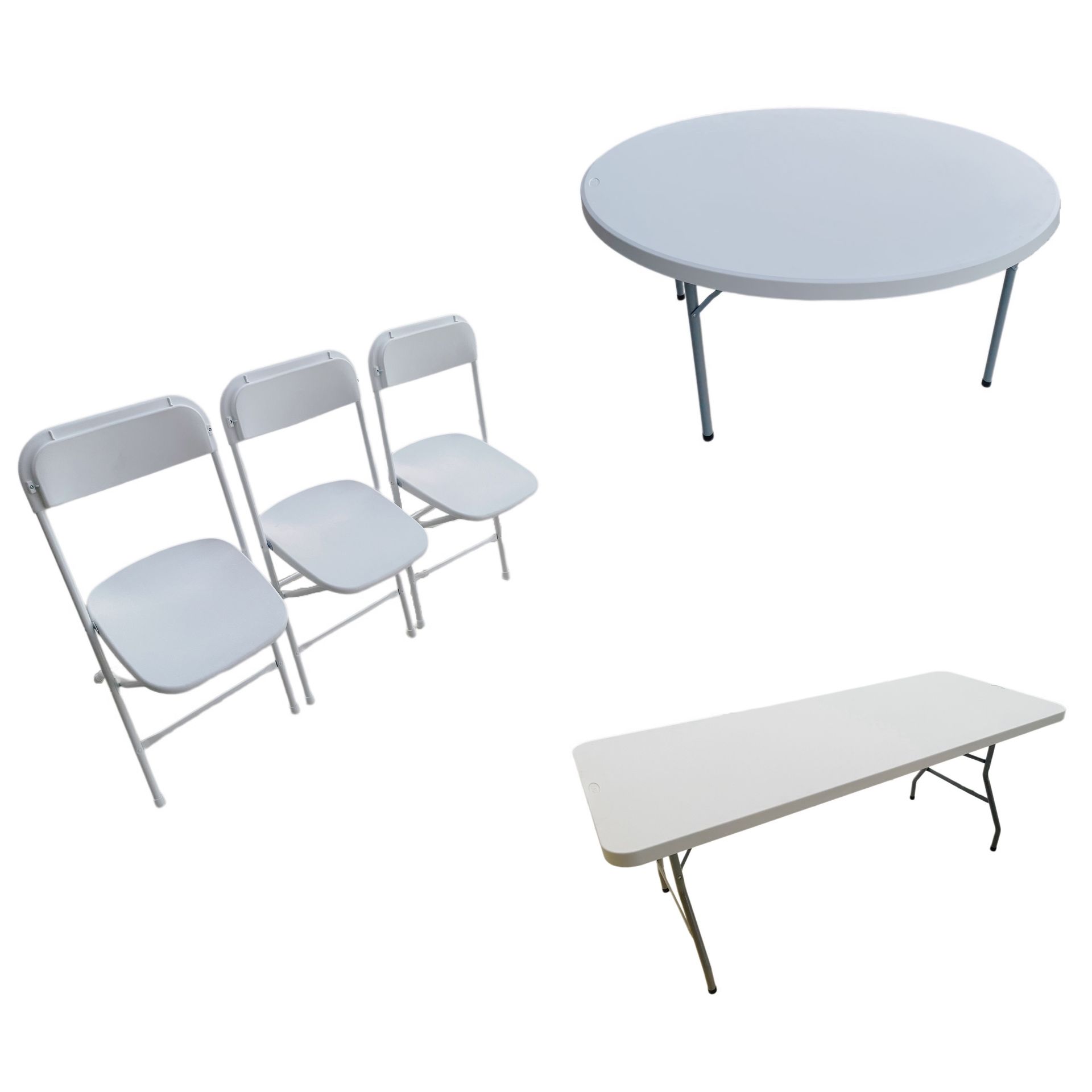 Three white folding chairs, a round folding table, and a rectangular folding table on a white background.