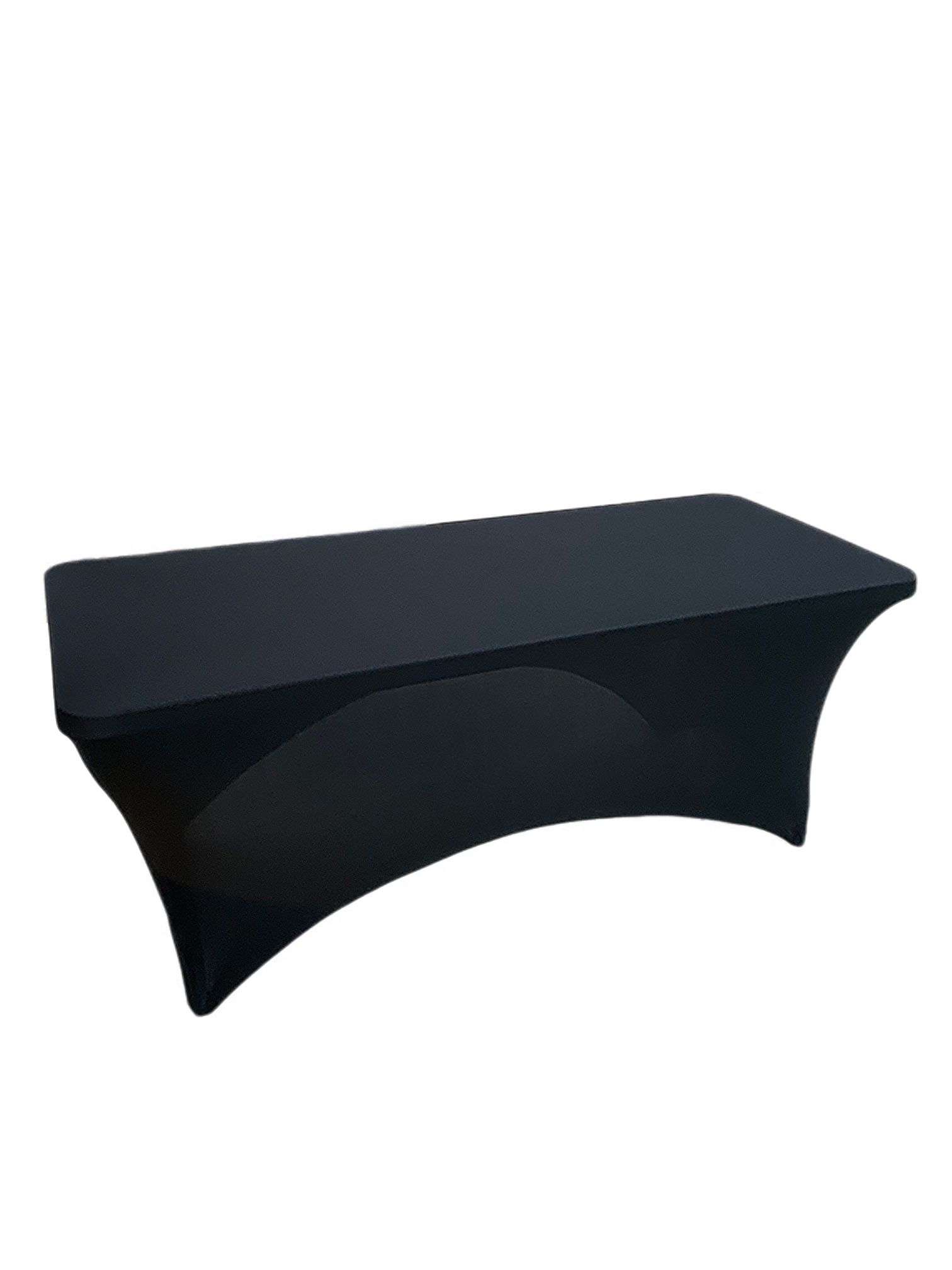 A rectangular table covered in a fitted, solid black spandex tablecloth with arched cutouts on the sides.
