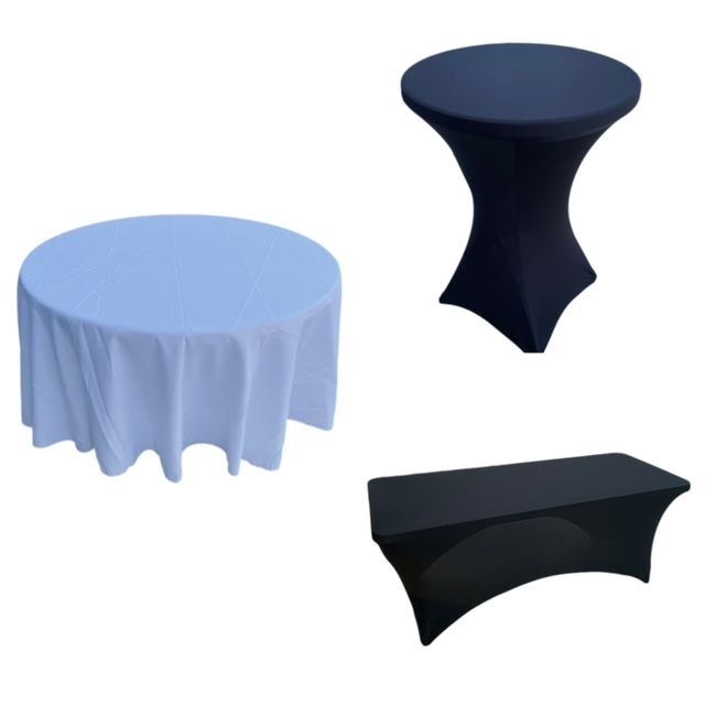Three tables with covers: a round table with a white cloth, a tall round cocktail table, and a rectangular table.