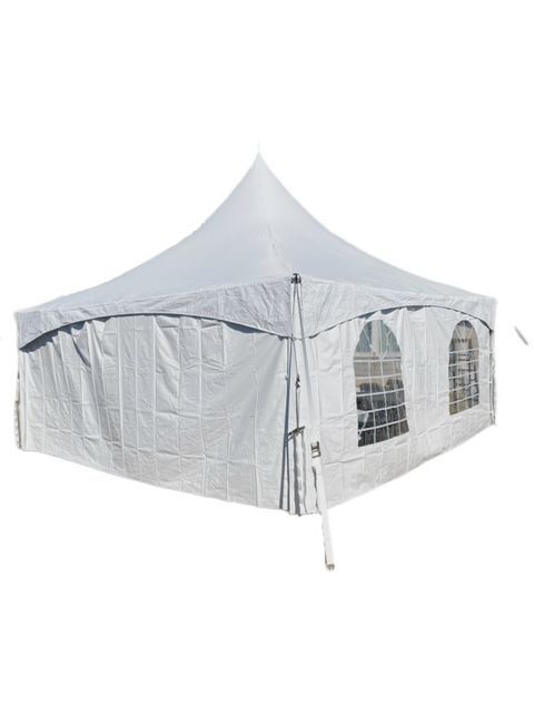 A white, high-peak event tent with arched windows on a white background.