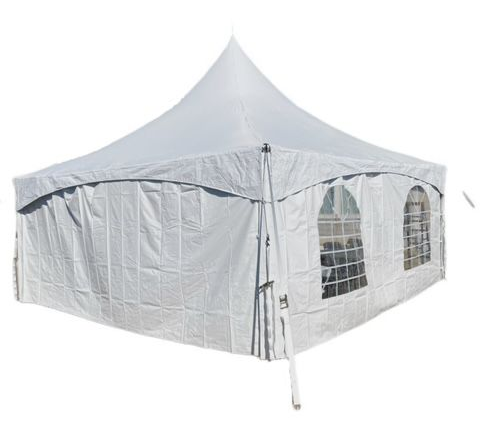 A white, high-peak event tent with arched windows on a white background.