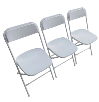 Three white folding chairs, a round folding table, and a rectangular folding table on a white background.
