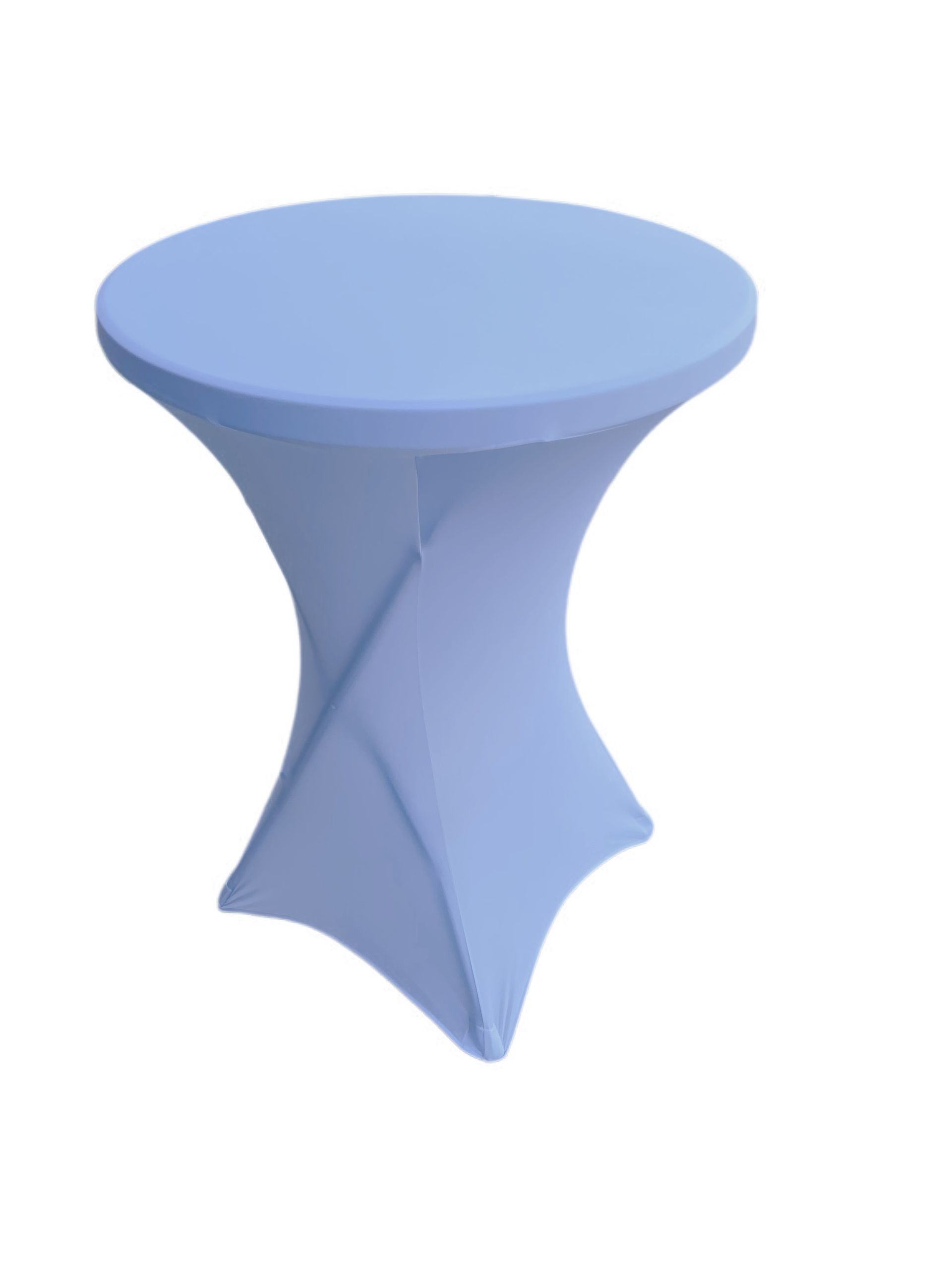 A white stretch spandex cover on a round high-top cocktail table against a white background.