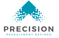 Logo of Precision Recruitment. Turquoise upward arrow made of squares, with grey text below.