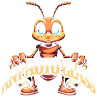 Cartoon orange ant mascot holding a white banner, smiling with large blue eyes.
