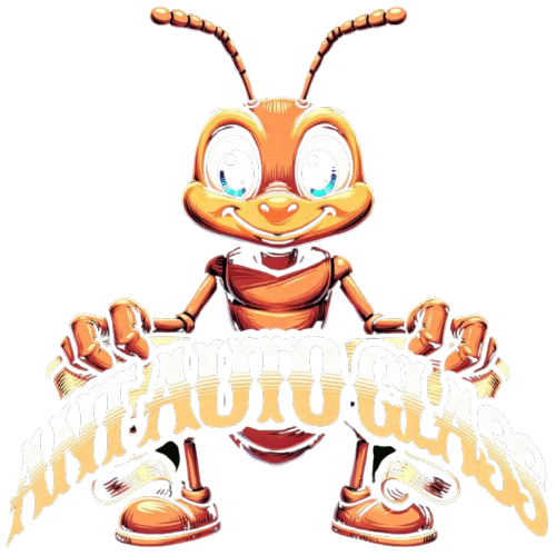 Cartoon orange ant mascot holding a white banner, smiling with large blue eyes.
