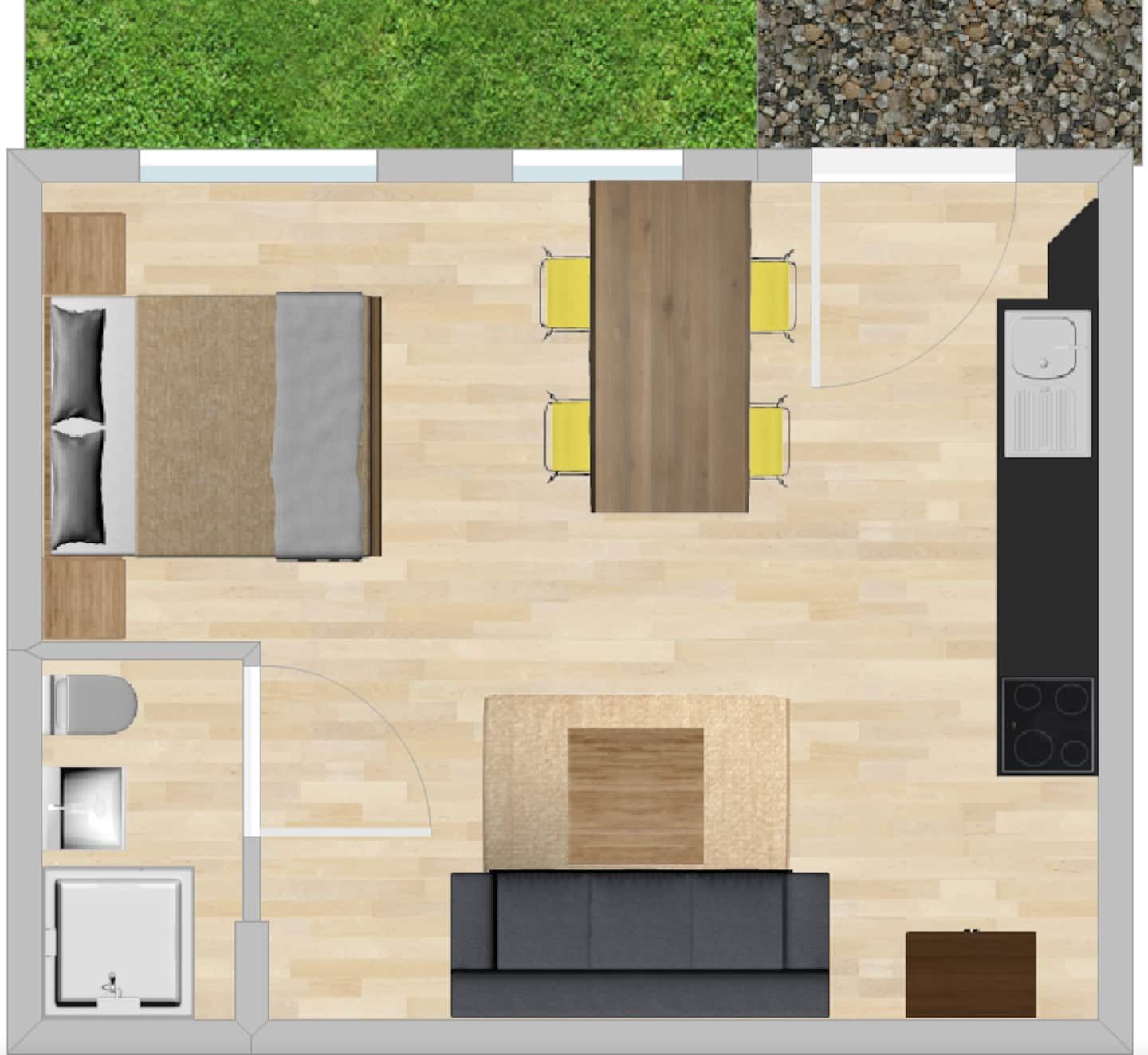 A floor plan of our holiday apartment in Berlin with a bed , couch , table and chairs