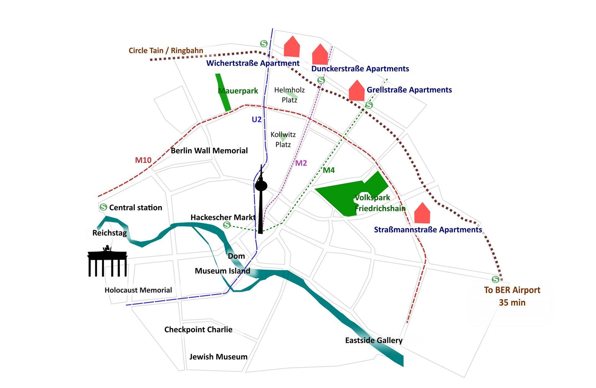 Map of the locations of our holiday apartments in Berlin Prenzlauer Berg and Friedrichshain