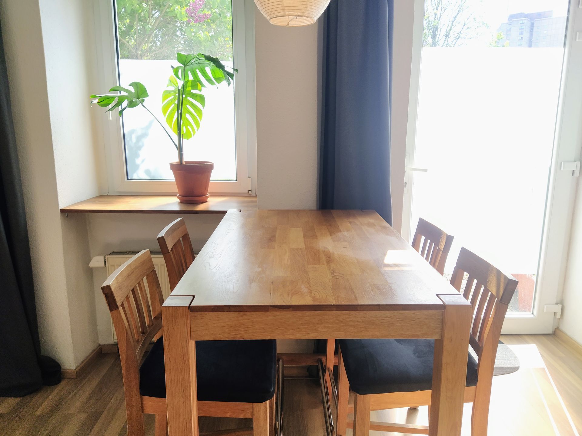A wooden table and chairs in a dining room with a potted plant on the table in our holiday rental in Berlin.