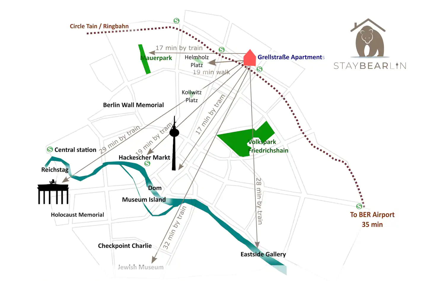 Location map of our holiday rentals on Grellstraße in Prenzlauer Berg, Berlin.
