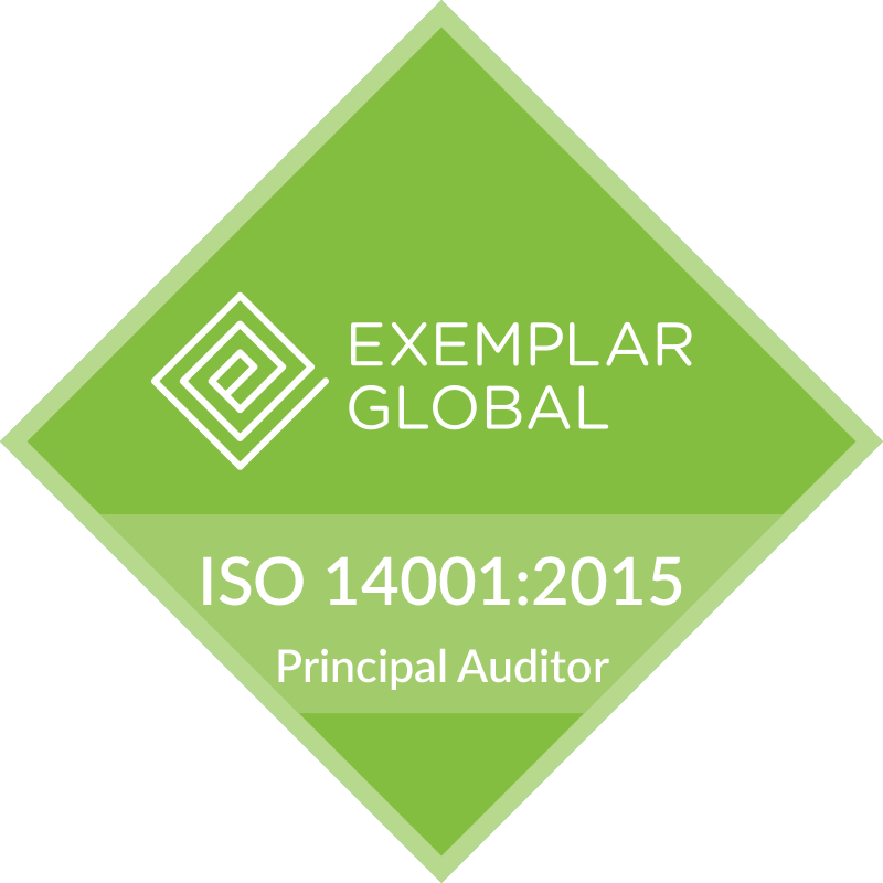 A green diamond that says exemplar global iso 14001 2015 principal auditor