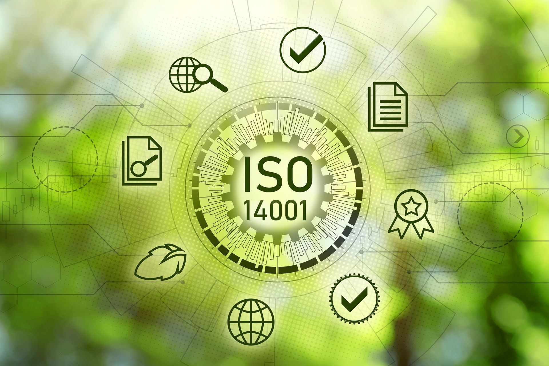 Iso 14001 is written in a circle with icons around it.