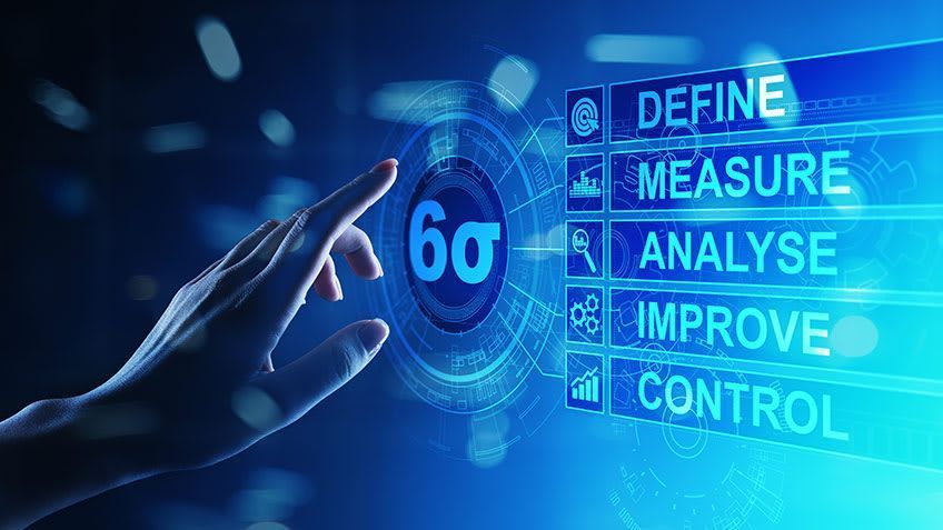 A person is pressing a button on a screen that says define measure analyse improve control .