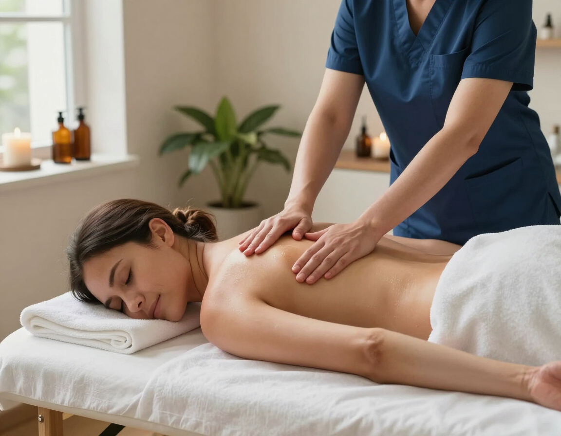 Masajista amasando la espalda de un cliente en una camilla de tratamiento en una sala de spa.