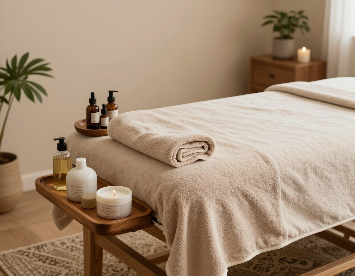 Camilla de spa con toalla beige doblada, aceites de masaje, velas y plantas en una habitación cálida.